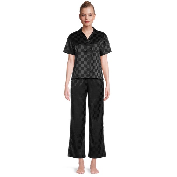 LISSOME WOMEN’S SATIN CHECKERED BOXY CROP TOP AND PANTS SLEEP SET - Picture 5 of 6